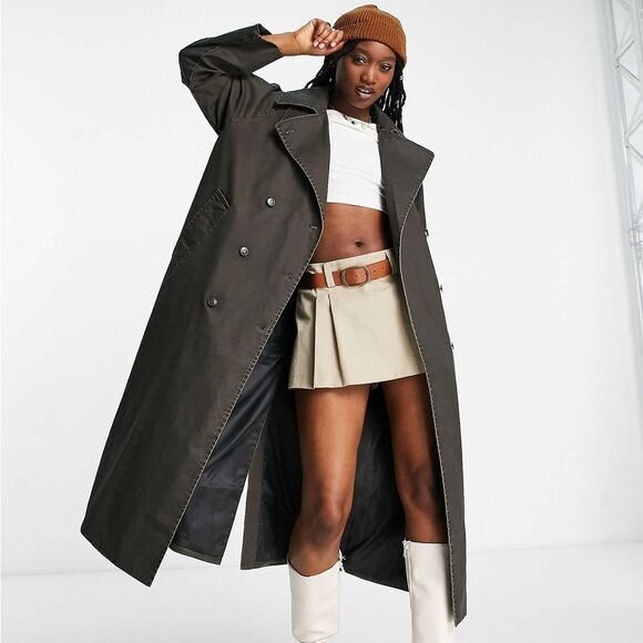 Weekday Ezra coated acid wash trench coat in brown size S NWT in packaging - Picture 1 of 7
